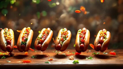 Floating hot dogs with toppings and vibrant light effects in motion