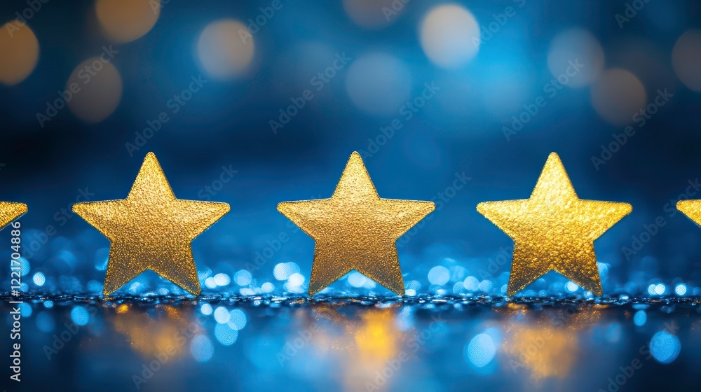 Poster three rows of shimmering gold stars, each row slightly offset on a deep blue bokeh