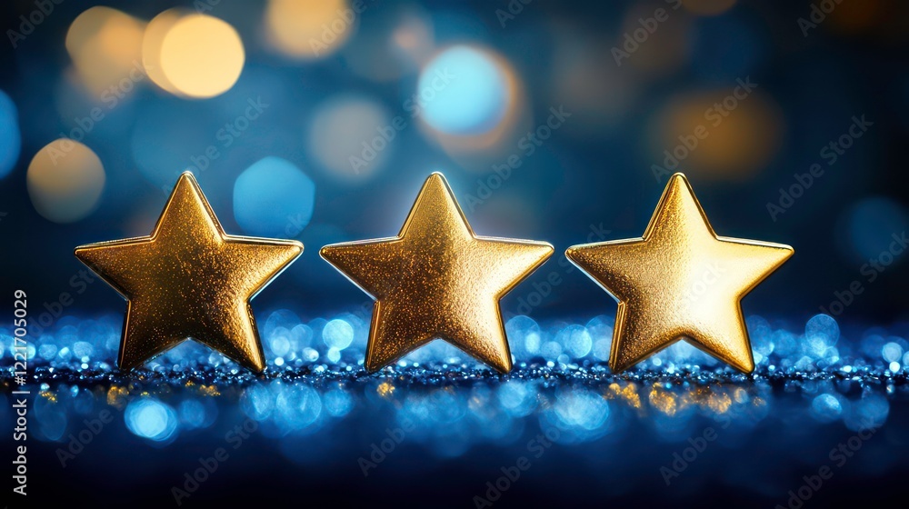 Poster three rows of shimmering gold stars, each row slightly offset on a deep blue bokeh