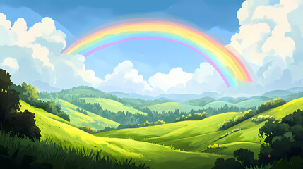 Vibrant rainbow arching over lush green valley and rolling hills under a partly cloudy sky. Rainbow Valley. Illustration