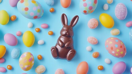 Chocolate Easter bunny paired with a variety of vibrant eggs and candies on a pastel blue surface