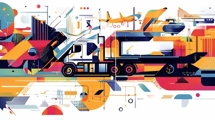 Naklejka premium Abstract Geometric Transportation Illustration with Truck and Airplane