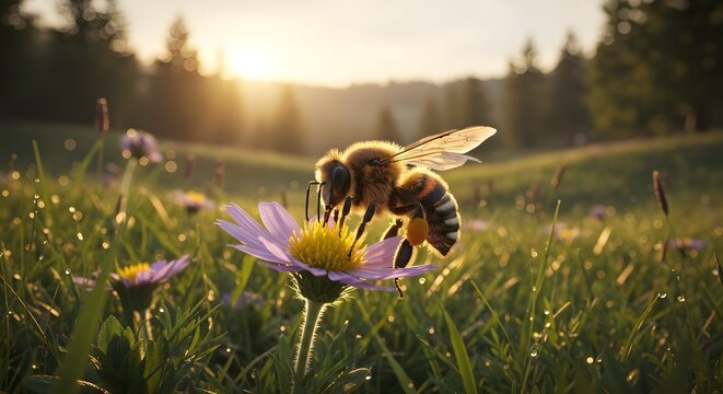 Hyper-realistic close-up of a bee collecting nectar from a wildflower in a peaceful valley. The bee&rsquo;s delicate legs are covered in pollen as it lands on a soft purple flower in a patch of lush green 