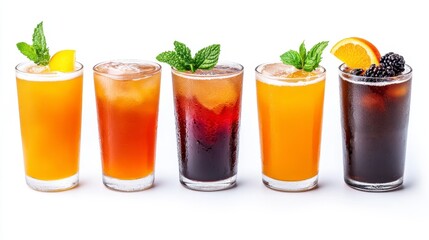 Fototapeta premium A Row of Five Refreshing Iced Drinks, Garnished with Mint and Citrus, Displaying a Variety of Colors and Textures, Suggesting Dive