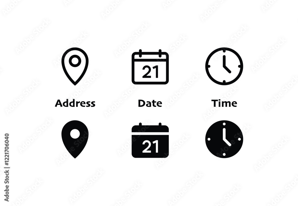 Aufkleber Address location icon. Stopwatch timer icon. Date Calendar icon - Web icons set