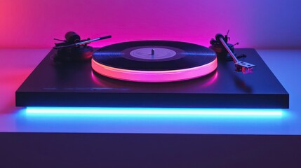 Turntable on minimalist table with glowing LED accents