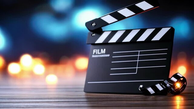 Directors clapboard on film set with blurred lights and cinematic atmosphere