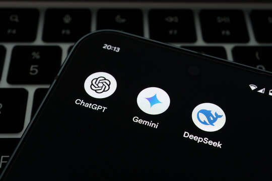 DeepSeek AI, Gemini. ChatGPT AI apps seen on the smartphone. Stafford, United Kingdom, January 26, 2025