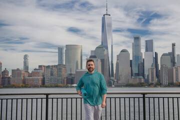 Sports man doing workout in NYC. Man athlete doing workout practice for cardio wellness. Fitness training outdoor. Man outdoor workout. Man enjoying active lifestyle outside in park in New York City.