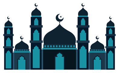 Blue Monochrome of Big Mosque with Crescent Star on Top of Dome