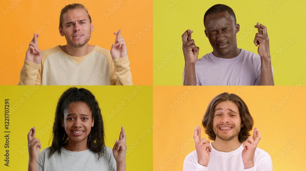 Poster Four multiracial people display various emotions with hand gestures on bright colored backgrounds. Each individual shows unique expressions, highlighting diversity in unity.