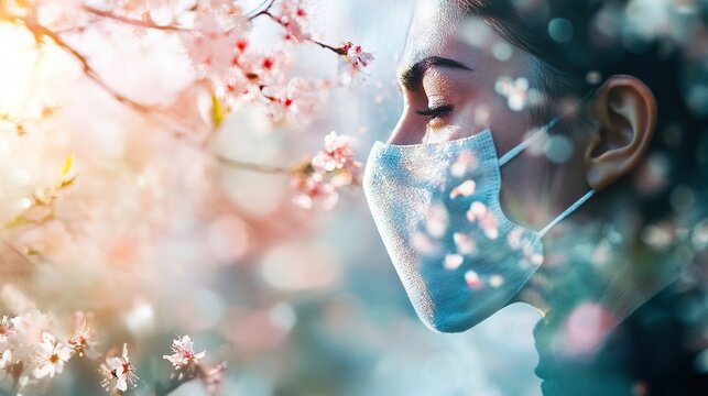 Woman wearing protective mask in blooming cherry blossom garden to prevent pollen allergy
