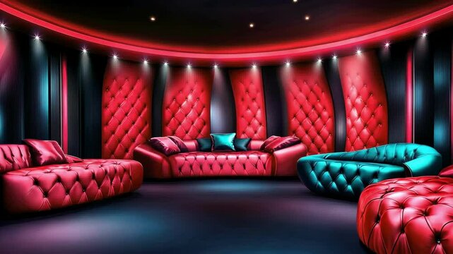 Luxurious red interior with plush seating and dramatic lighting