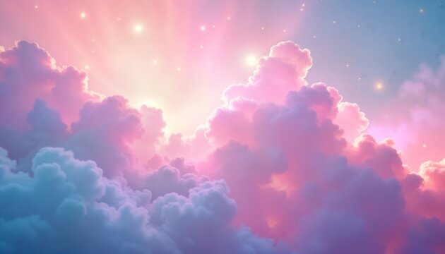 Fototapeta Pastel pink, blue clouds fill sky. Soft lighting creates dreamy atmosphere. Perfect for cute phone wallpaper social media post. Looks great on wallpapers cards. Artistic illustration evokes sense of