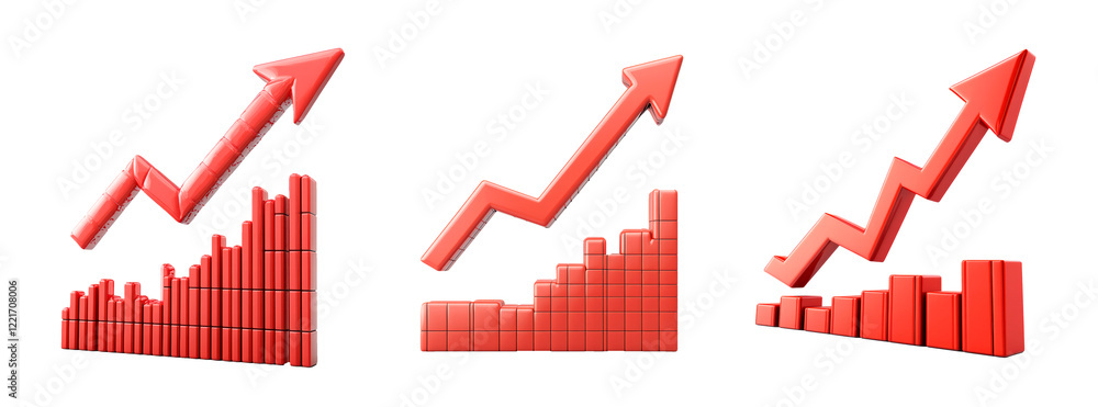 Poster set of red bar graph with rising arrow isolated on transparent background