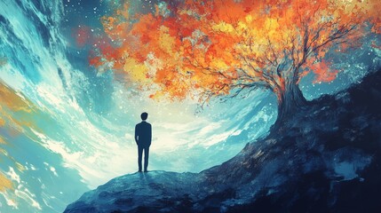 Fototapeta premium Person standing in awe of a vibrant tree against a surreal landscape with swirling colors during twilight