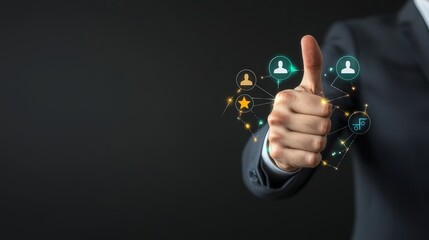 A hand giving a thumbs-up with a glowing five-star rating, representing customer satisfaction.