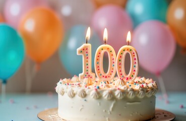 Delicious white cake decorated with colorful sprinkles, whipped cream frosting. Three lit candles shaped as number 100. Cake sits on table with colorful balloons in background. Perfect for