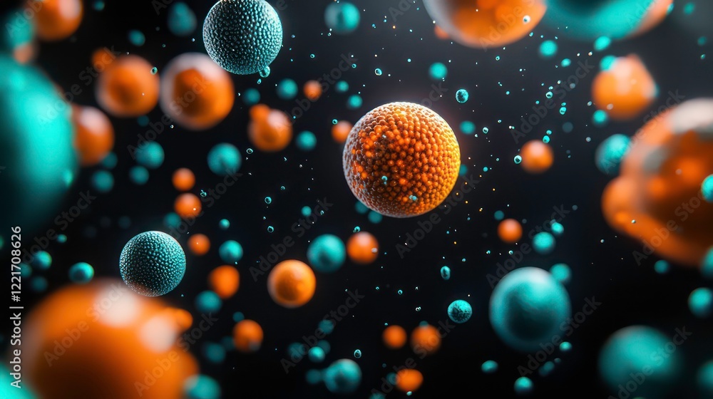 Wall mural abstract 3d render of floating spheres in orange and teal, against a dark background.
