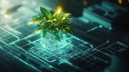 vibrant green plant emerges from digital blueprint, symbolizing innovation and growth in technology. glowing elements highlight fusion of nature and modern design