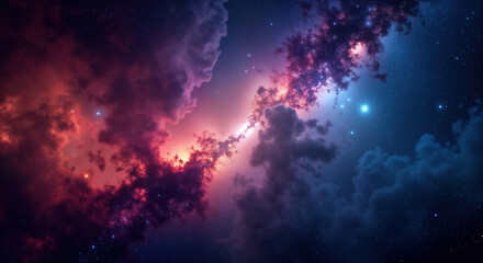 Stunning night sky scene with vibrant colors. Nebulae, stars fill space. Colorful clouds, stars create abstract image. Outer space scene with cosmic clouds, bright stars. Galaxy view. Fantastic