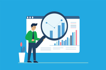 Businessman analyzing data with magnifying glass, charts, graphs, and diagrams on dashboard.