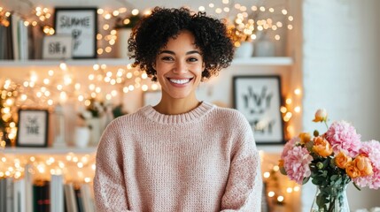 A smiling woman joyfully decorating her apartment for Singles Awareness Day, stringing fairy lights along a bookshelf filled with books and framed affirmations about self-love, wearing a cozy sweater