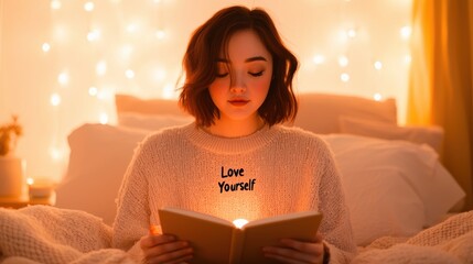 A woman sitting in her cozy bedroom on a February morning, surrounded by glowing candles and festive decor for Singles Awareness Day, writing affirmations in a journal with "Love Yourself" written on