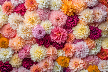 Vibrant floral background featuring a profusion of colorful dahlias and roses in various shades of pink, orange, and red. Perfect for designs celebrating love, spring, or summer.