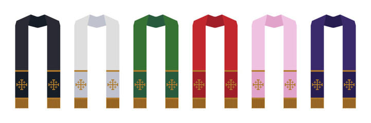 Catholic priest stoles, vestments in liturgical church colors, for catechesis learning, Flat vector illustration