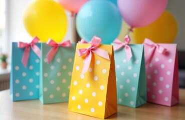 Colorful party bags are arranged on a table. Gift bags feature polka dots and vibrant colors. Party balloons fill the background. Birthday party giveaway bags are ready for guests.