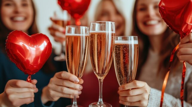 A cheerful group of friends gathered in a stylishly decorated living room for a Singles Awareness Day celebration, raising glasses of sparkling beverages in a toast to self-love, heart-shaped - Powered by Adobe