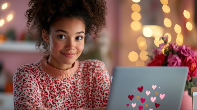 A young woman sitting at her desk, smiling as she creates a fun and empowering social media post for Singles Awareness Day, her laptop screen displaying a festive design with hearts and self-love - Powered by Adobe