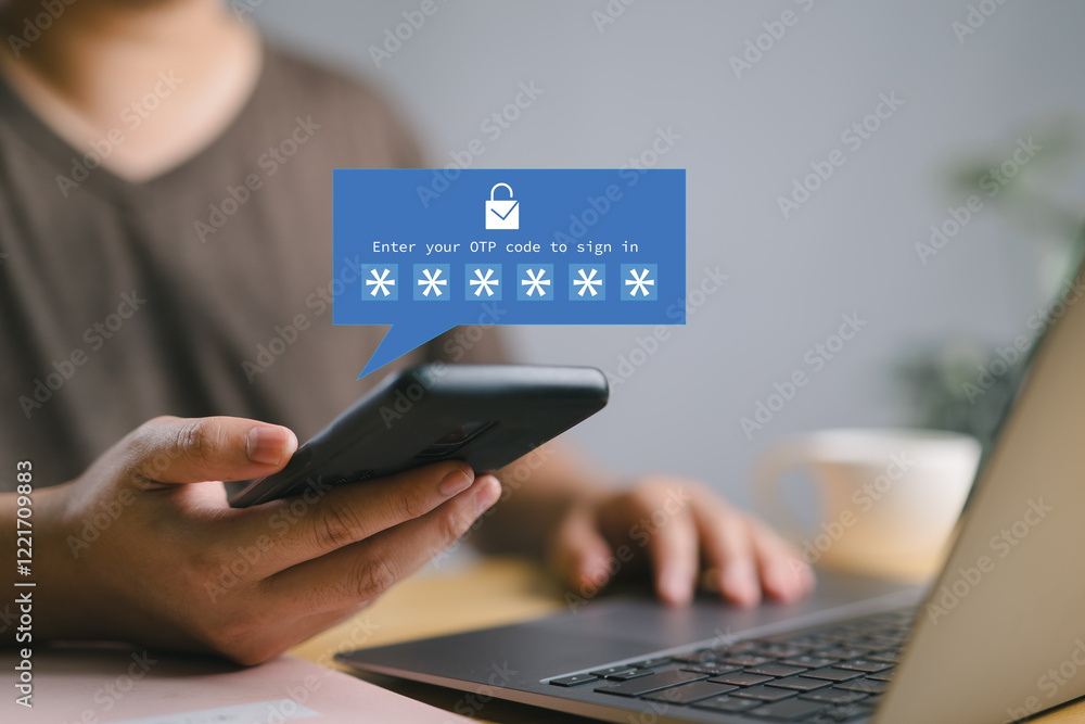 Fototapete Man entering OTP code on smartphone for two factor authentication, enhancing security for online login or digital access. data protection and secured internet access.
