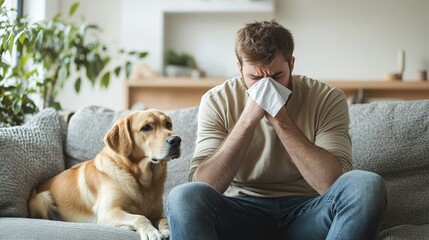 Man sneezing while sitting on sofa next to concerned dog, symbolizing pet allergy