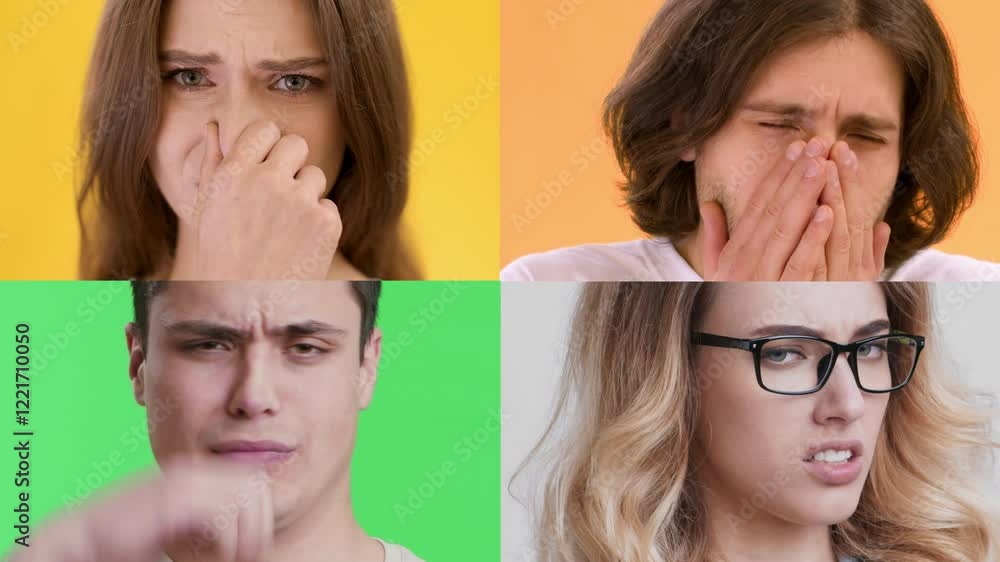 Poster Four multiracial individuals are captured in a collage showcasing different emotions. Each person displays unique gestures and facial expressions against vibrant backgrounds, highlighting diversity.
