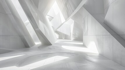 Obraz premium Abstract minimalist space. Intersecting white geometric shapes create clean lines and smooth textures. Subtle shadows accentuate angles. Light plays across the scene.