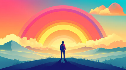 A person standing under a rainbow, symbolizing the promise of hope after a storm, rainbow promise, symbol of hope. Rainbow Valley. Illustration