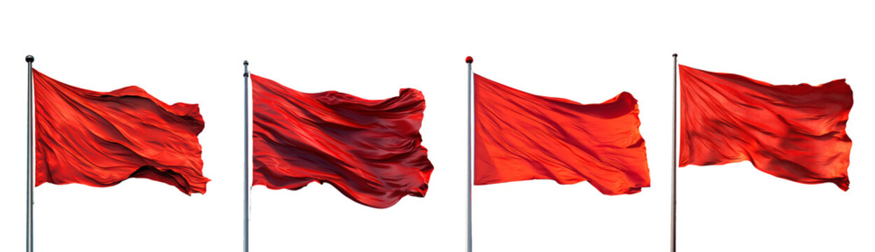 Set of red flag fluttering in the wind isolated on transparent background