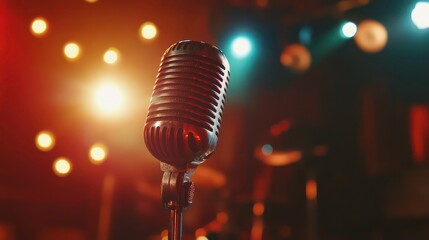 Vintage microphone on stage with warm lights in background