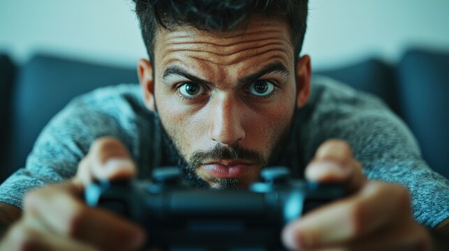 Esports Concept Focused gamer intensely playing video games at home.