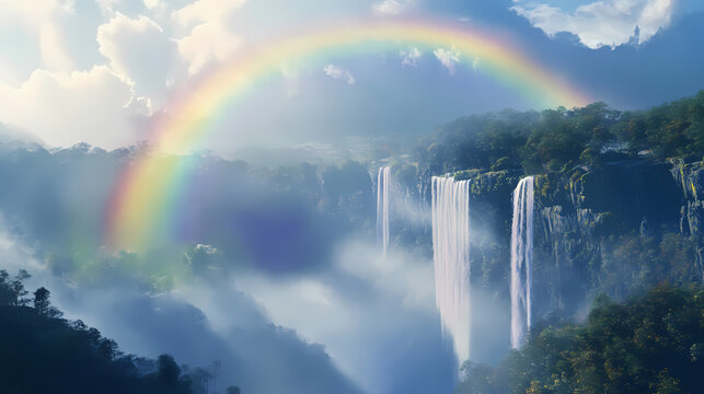 A stunning fogbow and rainbow arch over misty valley create serene landscape. vibrant colors contrast beautifully with soft fog, evoking sense of tranquility. Rainbow Valley. Illustration