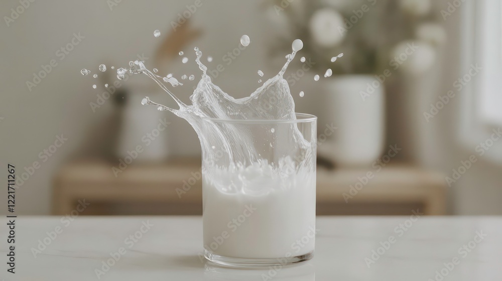 Poster white milk splashing out of glass front view isolated on white with clipping path