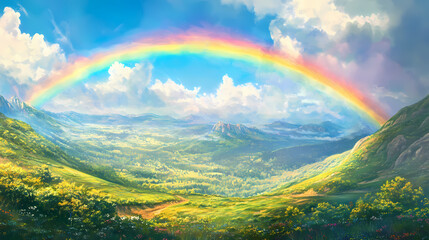 Bright rainbow arching over a lush green valley. Rainbow Valley. Illustration