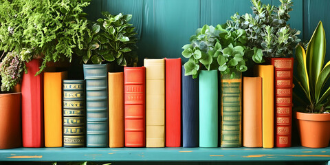 Naklejka premium Vibrant colorful books and potted plants arranged on a teal shelf, creating a visually appealing and calming scene. Perfect for home decor, education, or reading-related projects.
