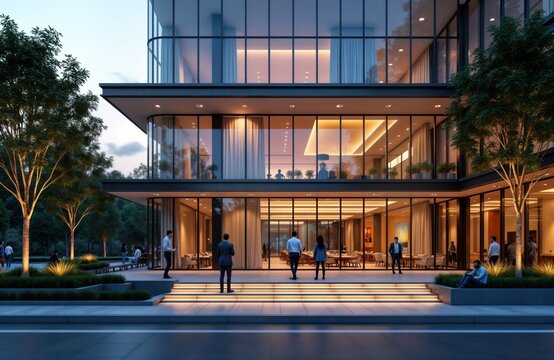 Modern office building exterior at dusk. Business people stand near entrance. Interior of building shows people in meeting room. Stylish design with large glass windows. Outdoor area landscaping.