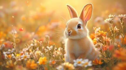 Cute baby bunny surrounded by flowers, perfect for a spring-themed greeting card