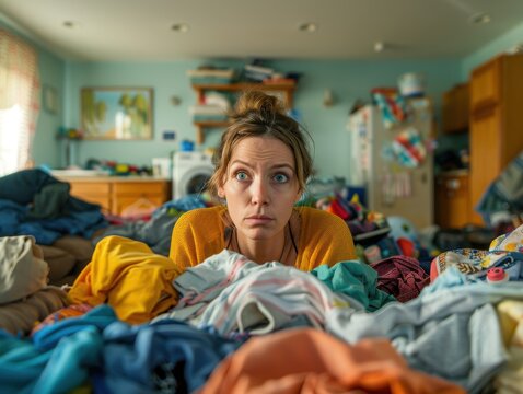 Exhausted woman buried in laundry and toys.  Her overwhelmed expression reflects the chaotic, cluttered living room. Helplessness is palpable amidst the mess.