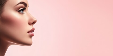 Naklejka premium Beauty captured through profile of young woman against soft pink background during makeup session