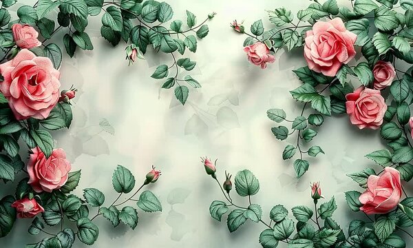 Pink roses, vines, wall decor, floral background, home design